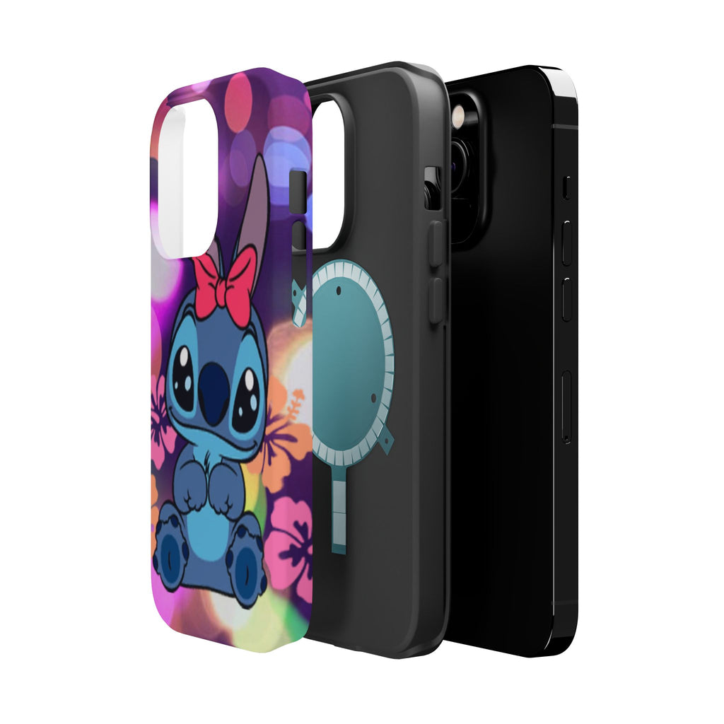 Cute Cartoon Stitch Phone Case - Magnetic Impact-Resistant Cover with Bow & Floral Bokeh Design
