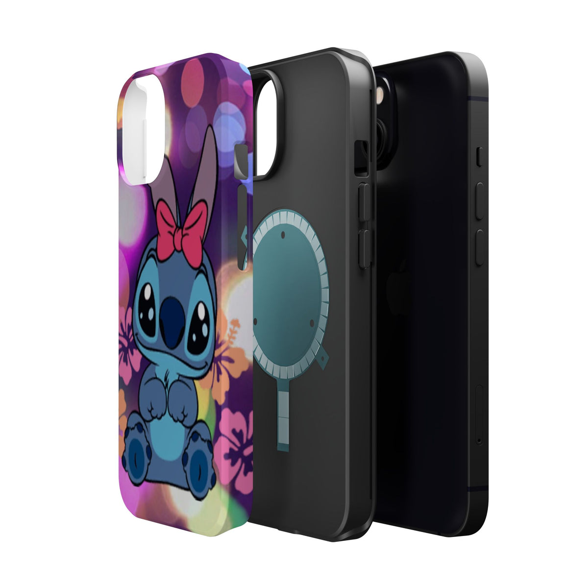 Cute Cartoon Stitch Phone Case - Magnetic Impact-Resistant Cover with Bow & Floral Bokeh Design