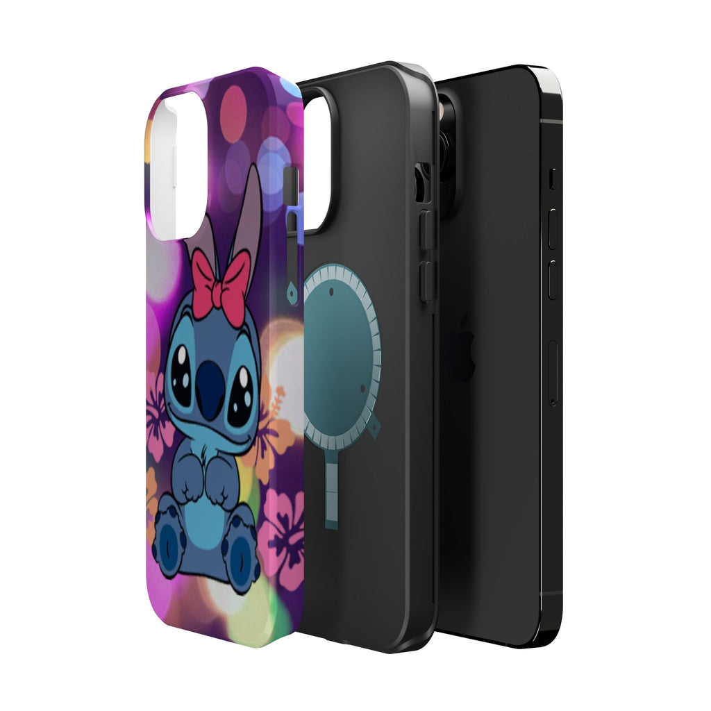 Cute Cartoon Stitch Phone Case - Magnetic Impact-Resistant Cover with Bow & Floral Bokeh Design