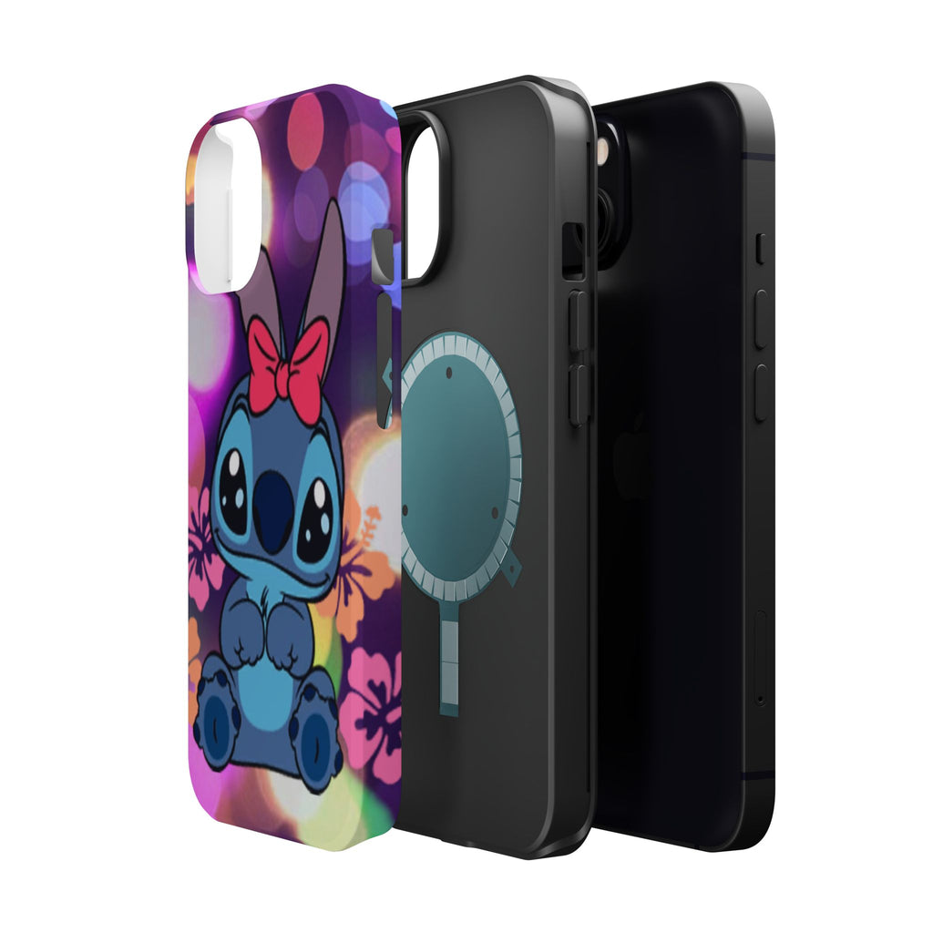 Cute Cartoon Stitch Phone Case - Magnetic Impact-Resistant Cover with Bow & Floral Bokeh Design