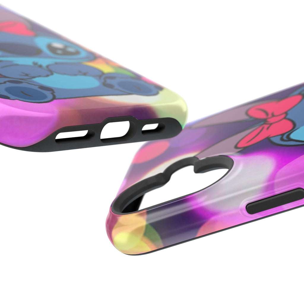 Cute Cartoon Stitch Phone Case - Magnetic Impact-Resistant Cover with Bow & Floral Bokeh Design