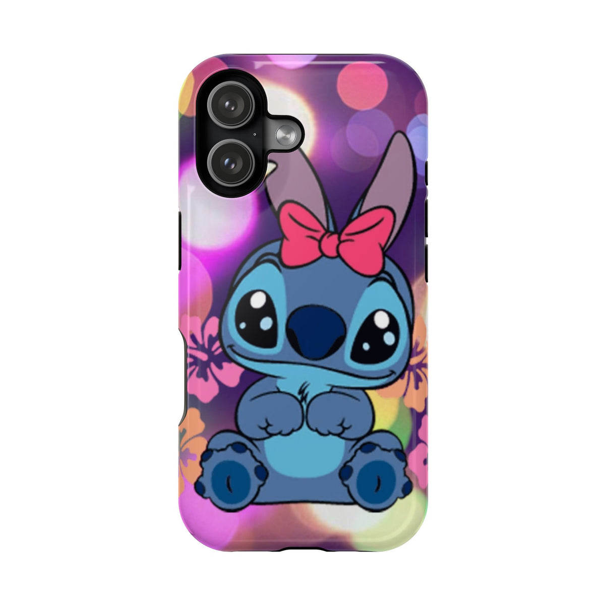 Cute Cartoon Stitch Phone Case - Magnetic Impact-Resistant Cover with Bow & Floral Bokeh Design