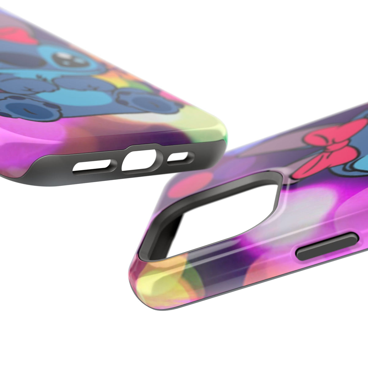Cute Cartoon Stitch Phone Case - Magnetic Impact-Resistant Cover with Bow & Floral Bokeh Design