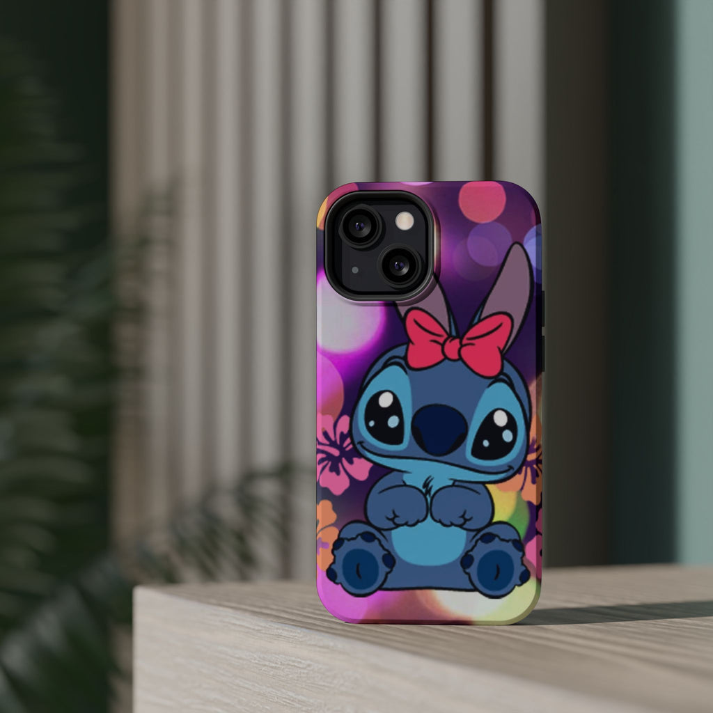 Cute Cartoon Stitch Phone Case - Magnetic Impact-Resistant Cover with Bow & Floral Bokeh Design