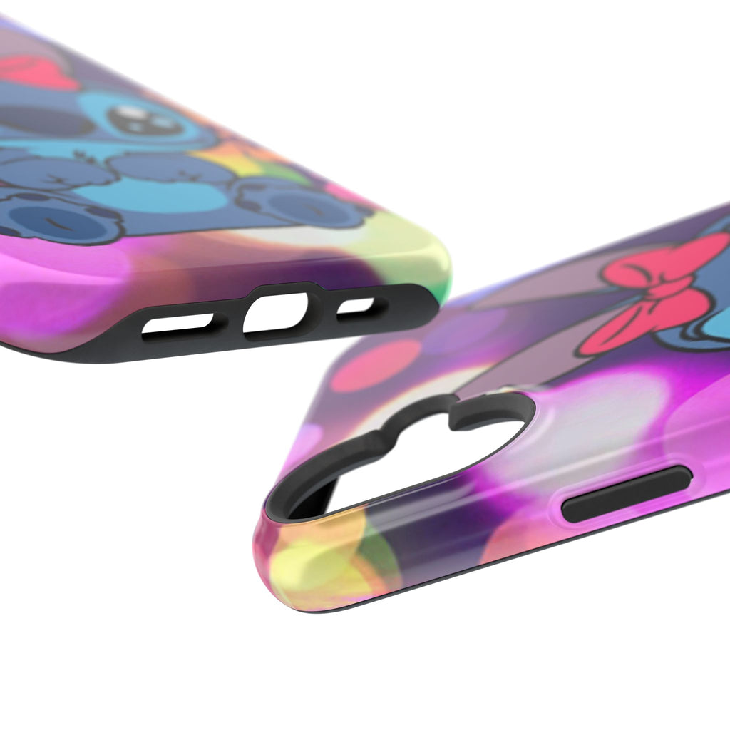 Cute Cartoon Stitch Phone Case - Magnetic Impact-Resistant Cover with Bow & Floral Bokeh Design