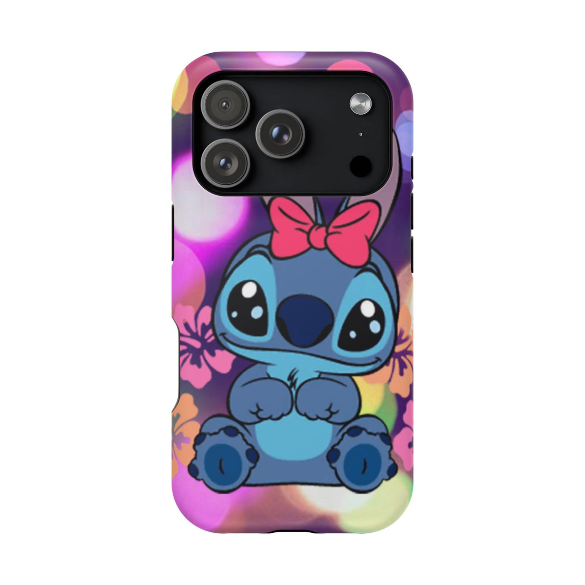 Cute Cartoon Stitch Phone Case - Magnetic Impact-Resistant Cover with Bow & Floral Bokeh Design