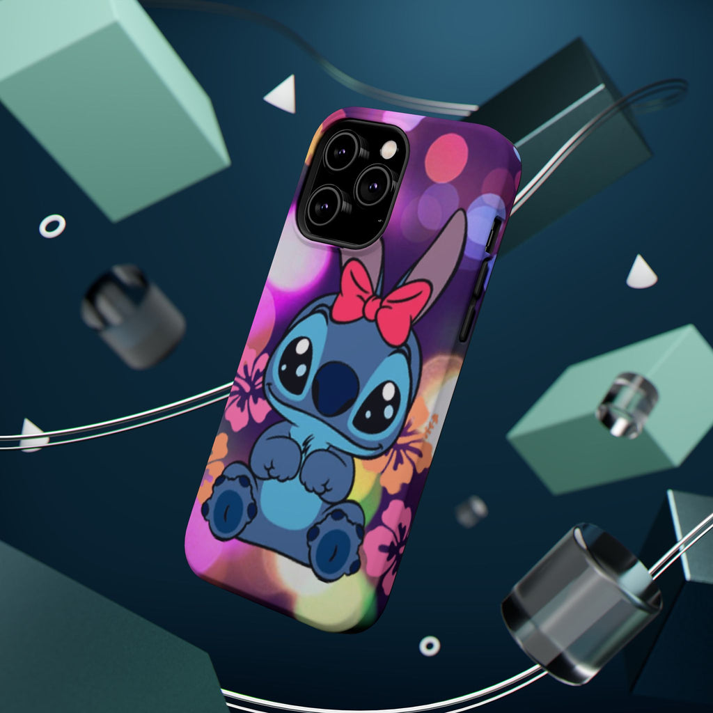 Cute Cartoon Stitch Phone Case - Magnetic Impact-Resistant Cover with Bow & Floral Bokeh Design