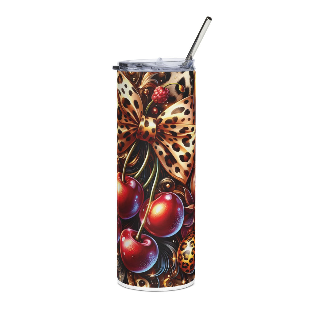 Cherry & Leopard Bow Tumbler | 20oz Personalized Stainless Steel Cup