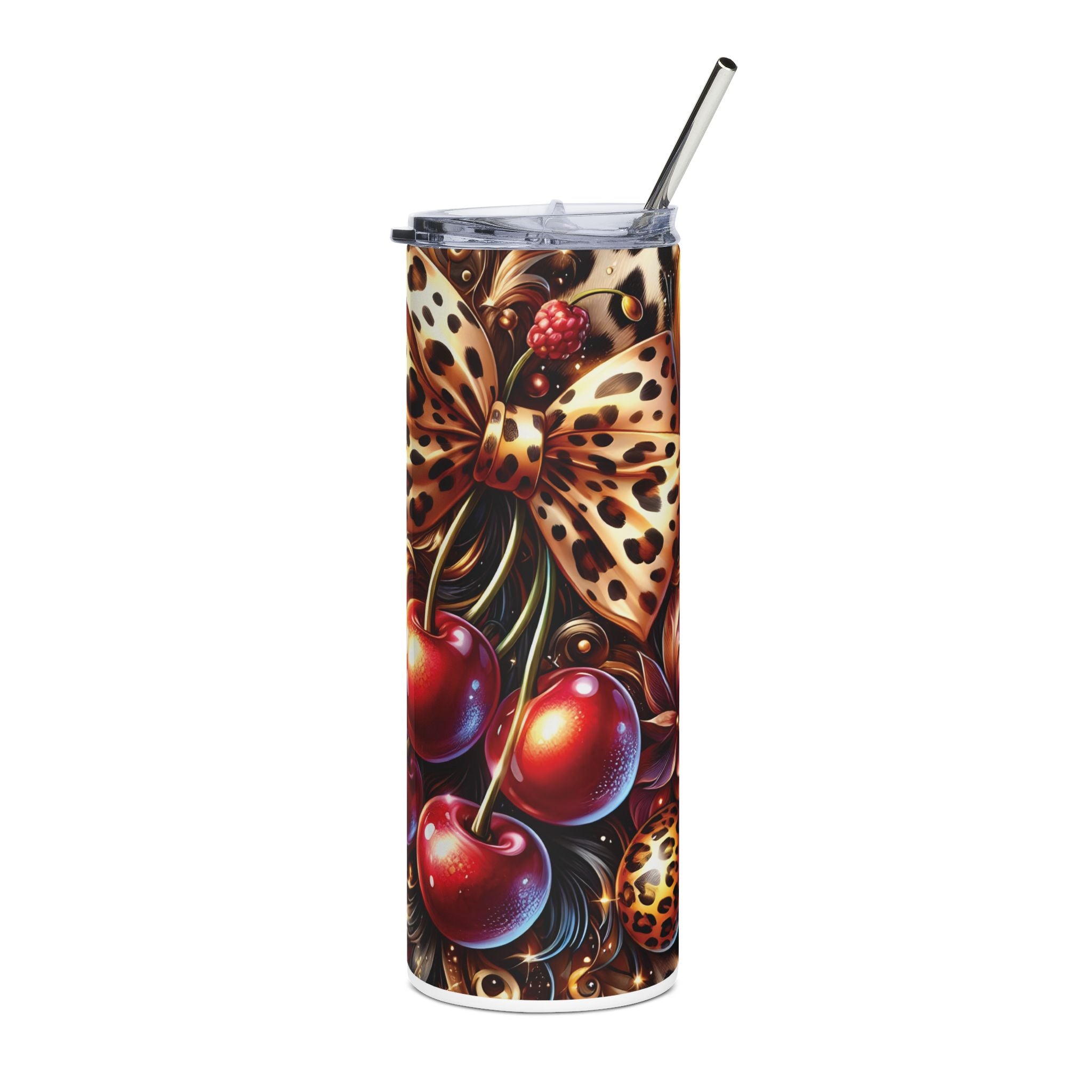 Cherry & Leopard Bow Tumbler | 20oz Personalized Stainless Steel Cup