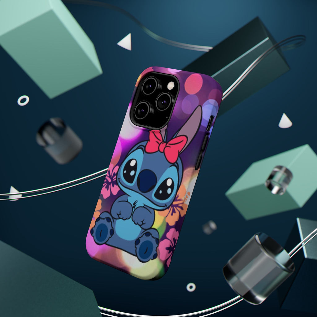 Cute Cartoon Stitch Phone Case - Magnetic Impact-Resistant Cover with Bow & Floral Bokeh Design