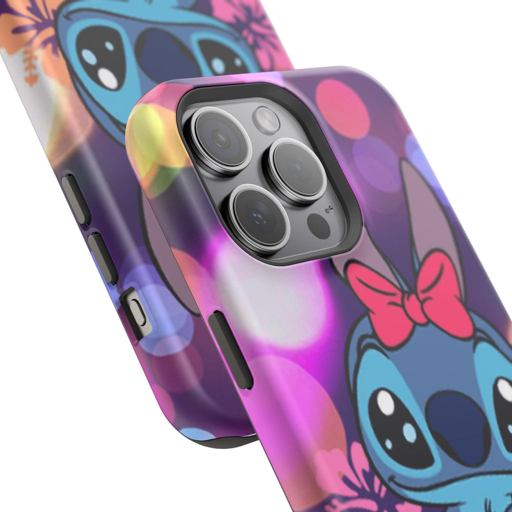 Cute Cartoon Stitch Phone Case - Magnetic Impact-Resistant Cover with Bow & Floral Bokeh Design