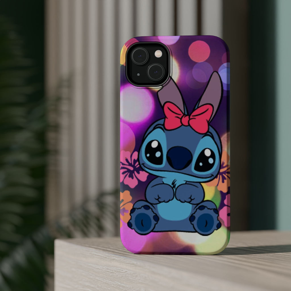 Cute Cartoon Stitch Phone Case - Magnetic Impact-Resistant Cover with Bow & Floral Bokeh Design