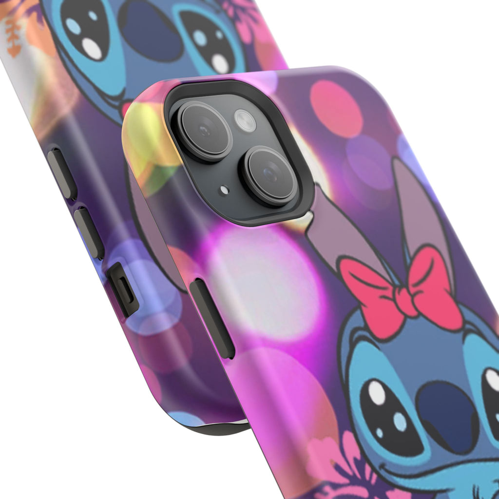 Cute Cartoon Stitch Phone Case - Magnetic Impact-Resistant Cover with Bow & Floral Bokeh Design
