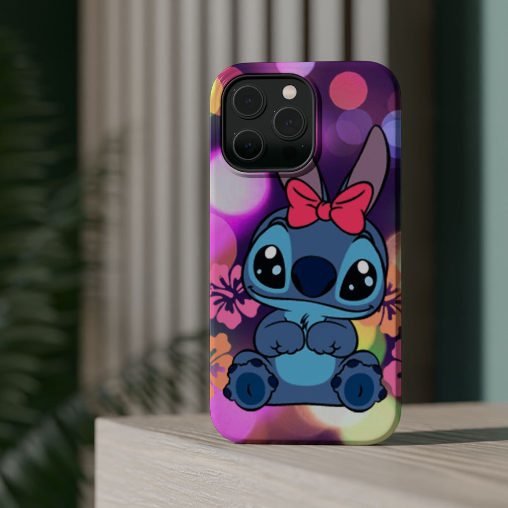 Cute Cartoon Stitch Phone Case - Magnetic Impact-Resistant Cover with Bow & Floral Bokeh Design