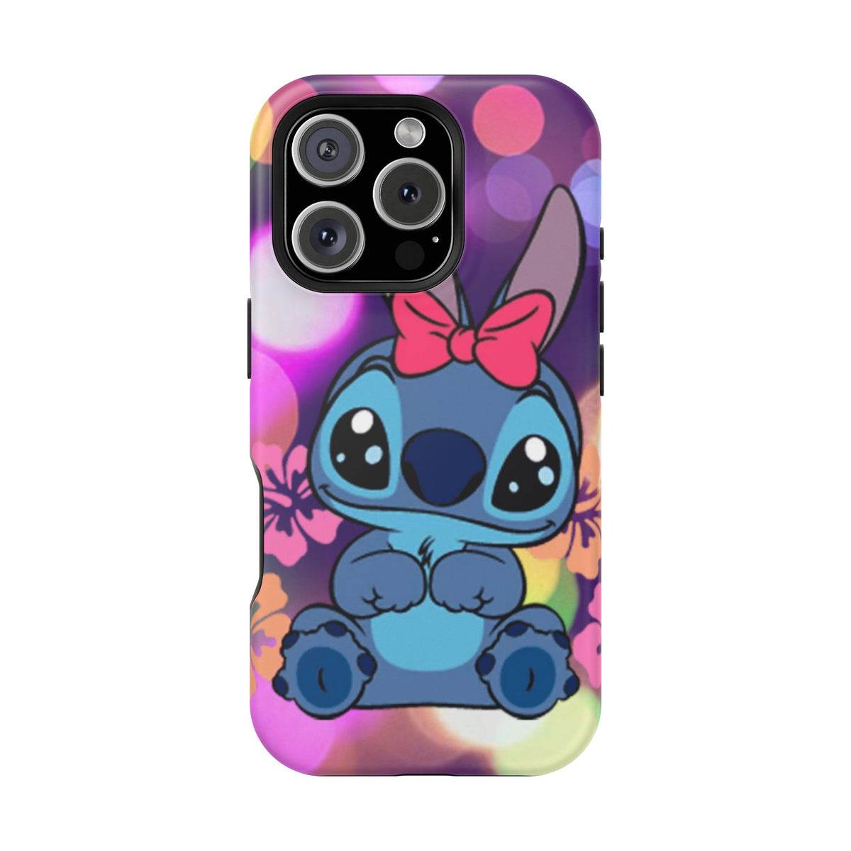 Cute Cartoon Stitch Phone Case - Magnetic Impact-Resistant Cover with Bow & Floral Bokeh Design