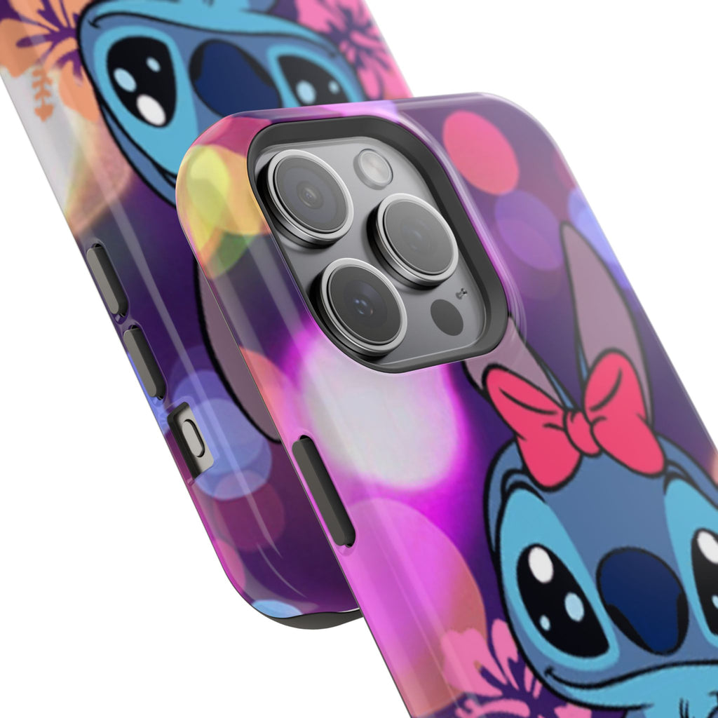 Cute Cartoon Stitch Phone Case - Magnetic Impact-Resistant Cover with Bow & Floral Bokeh Design
