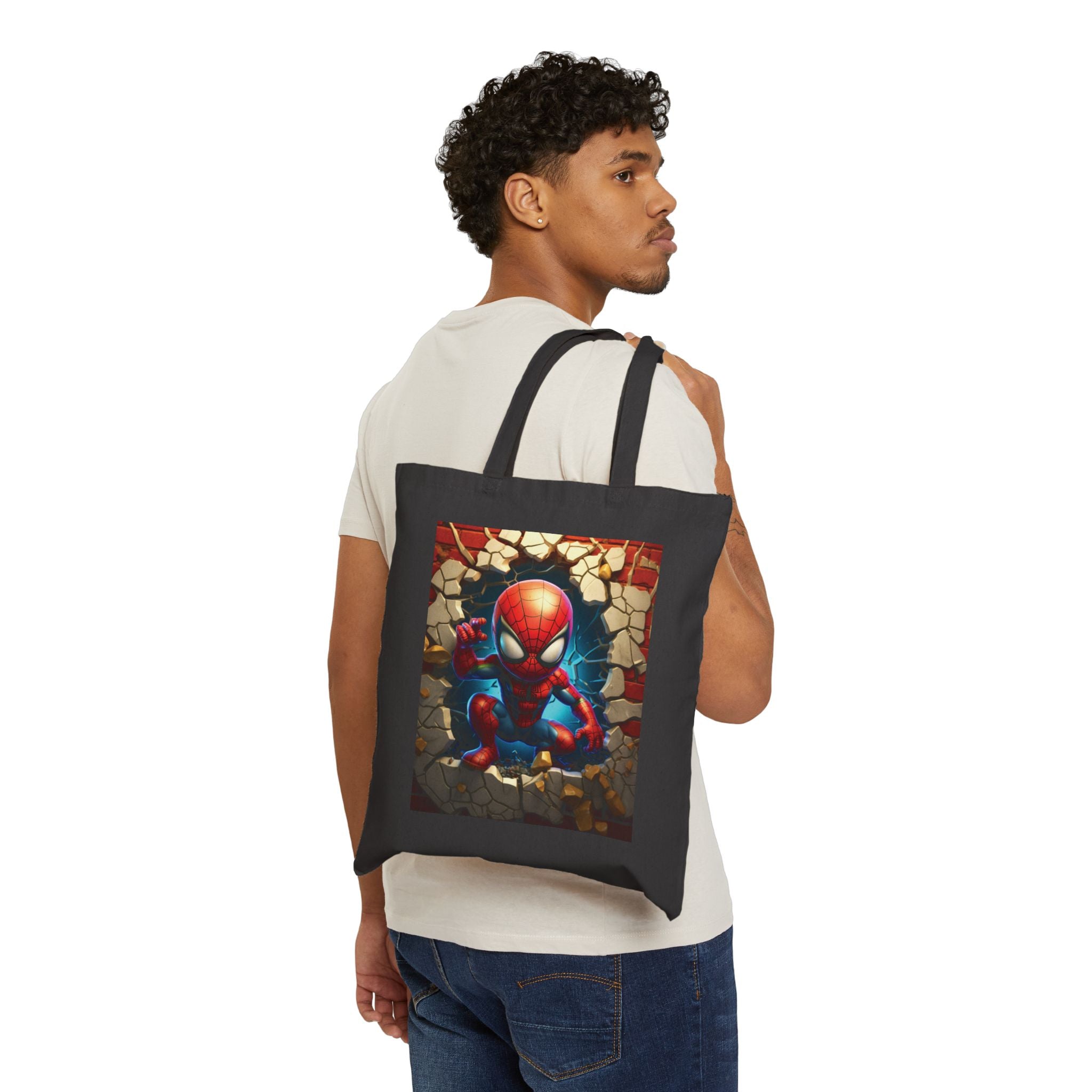 Spidey Wall-Break Canvas Tote Bag — Cute Superhero Shopper