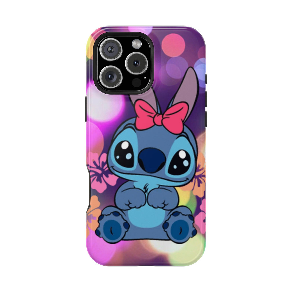 Cute Cartoon Stitch Phone Case - Magnetic Impact-Resistant Cover with Bow & Floral Bokeh Design