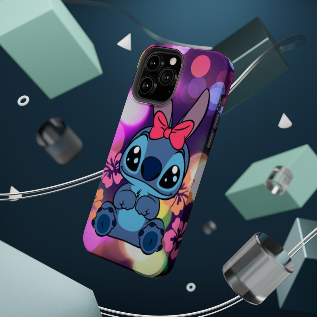 Cute Cartoon Stitch Phone Case - Magnetic Impact-Resistant Cover with Bow & Floral Bokeh Design